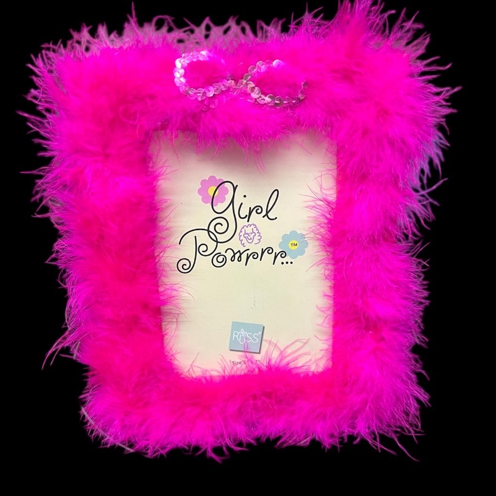 Russ Girl Power Pink Marabou Feather Picture Frame Fun Glam Diva Bedroom Decor